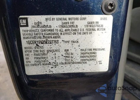 2005 Chevrolet Silverado 1500 Ls z USA, uszkodzony, nr VIN 1GCEK19V35E227763